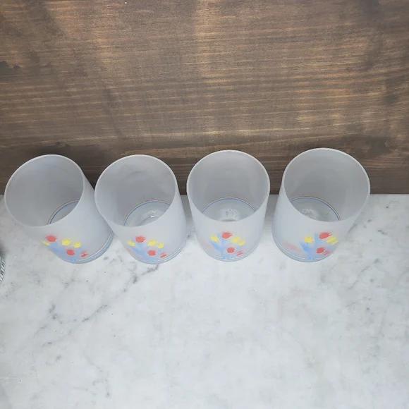 Vintage set of 4 MCM frosted glasses tulip good morning cups